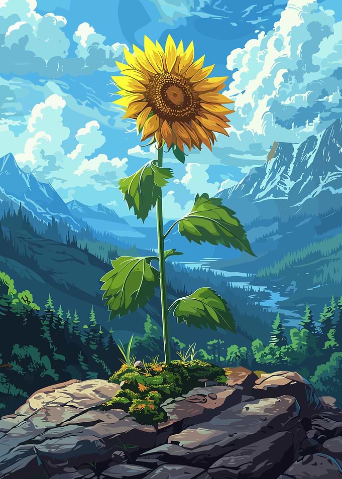 Sunflower in Mountain Landscape Illustration