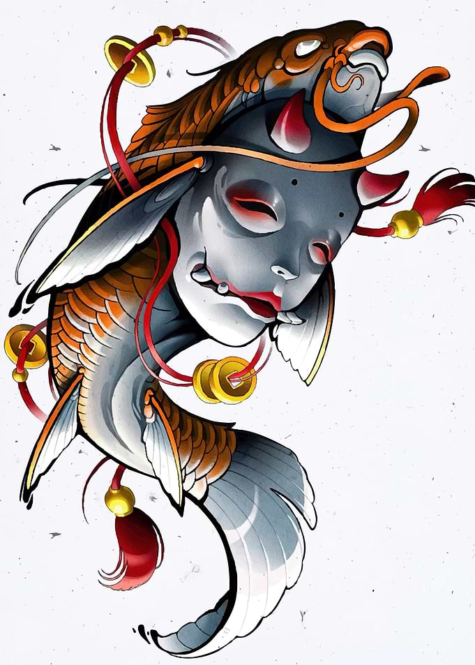 Koi Fish Mask Tattoo Style