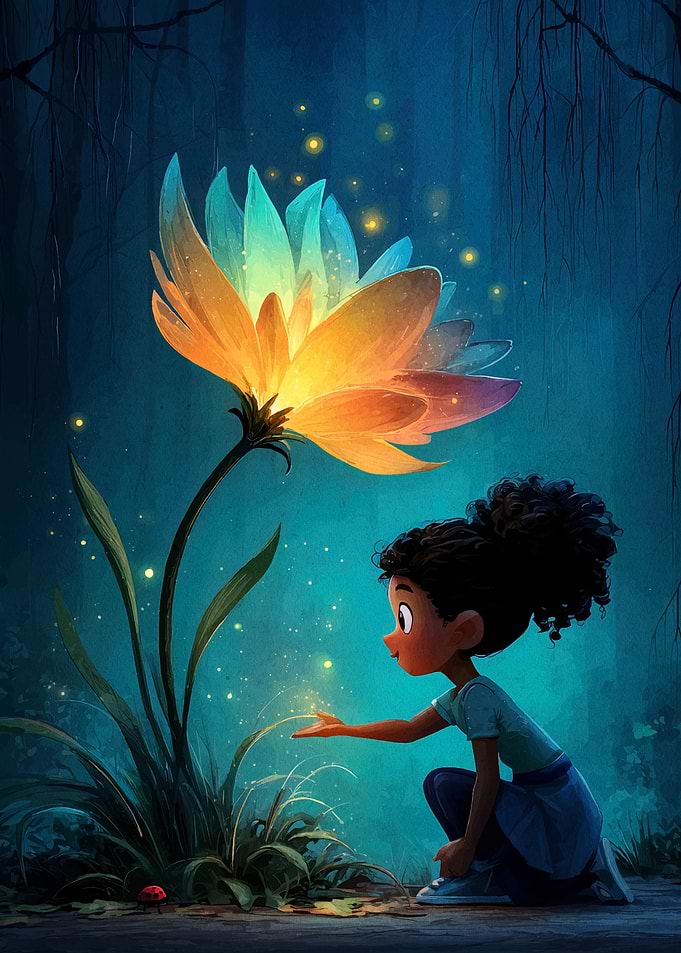 Girl with Glowing Flower in Forest