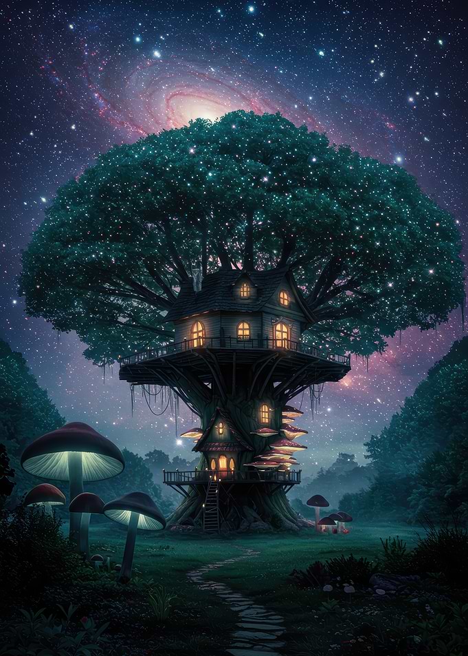 Fantasy Treehouse Under a Starry Sky