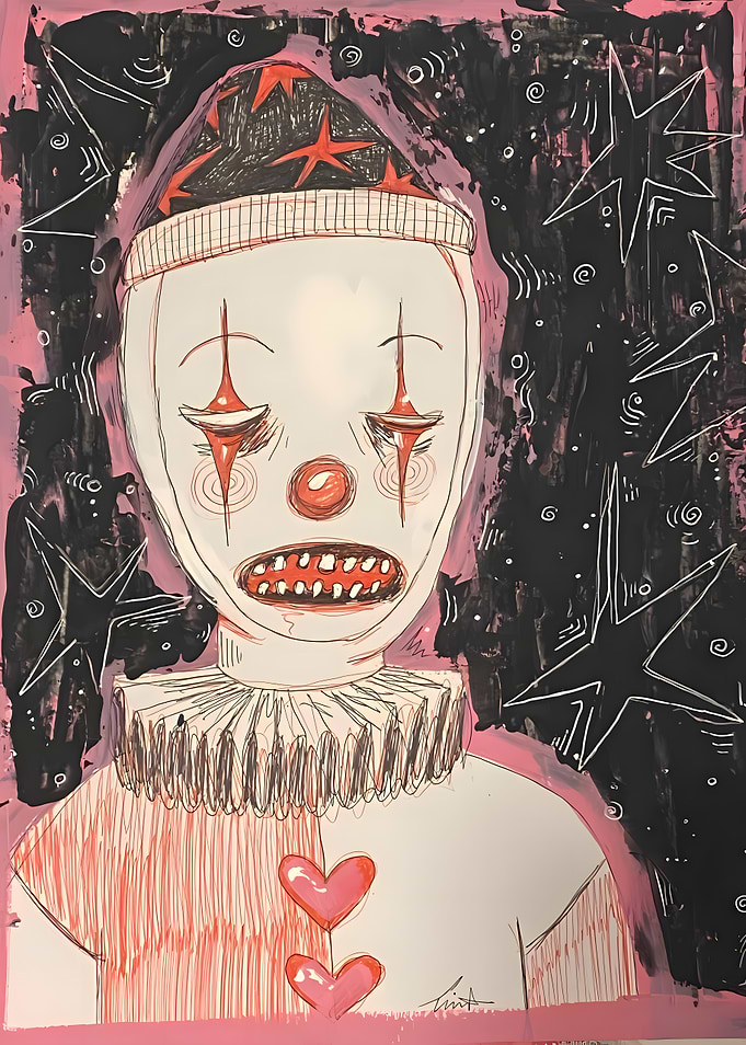 Creepy Clown with Hearts and Stars