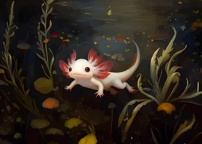 Axolotl in Dark Underwater Environment