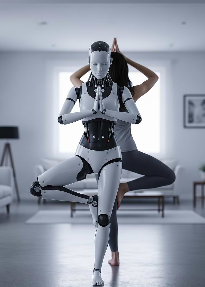 Humanoid Robot and Woman Praticing Yoga