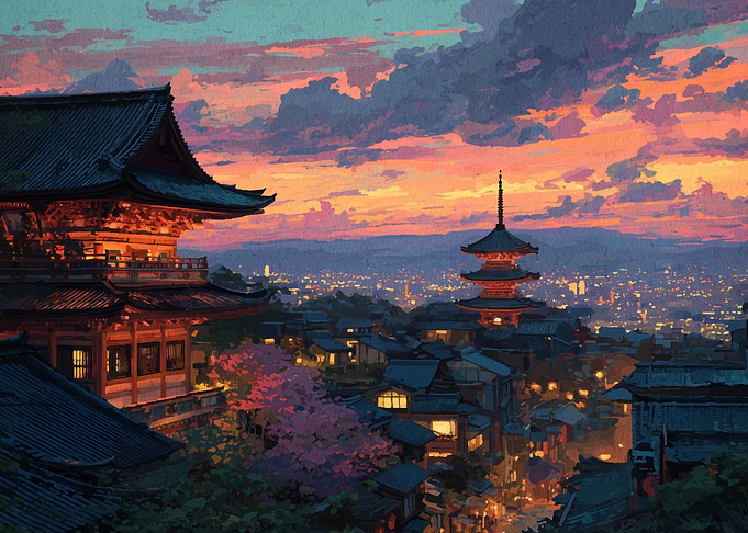 Japanese Pagoda at Sunset