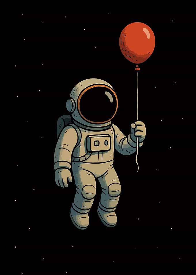 Astronaut with Red Balloon in Space