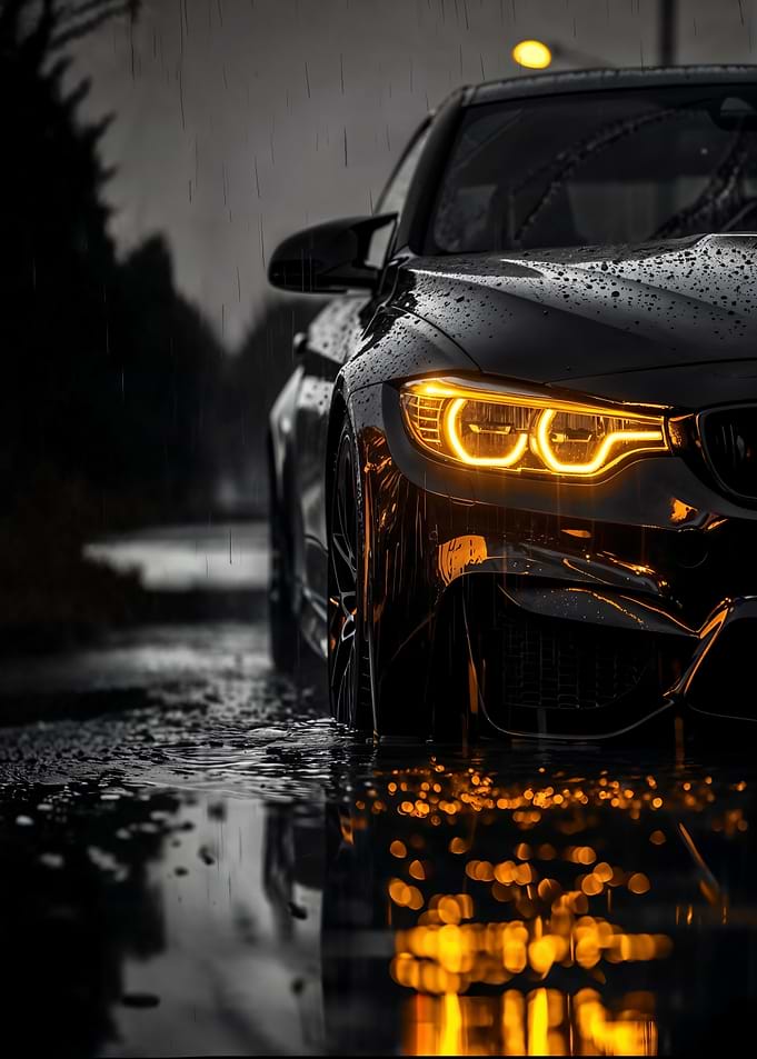 Black Car in Rain with Lights On