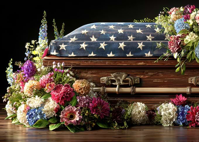 American Flag Casket with Floral Arrangement