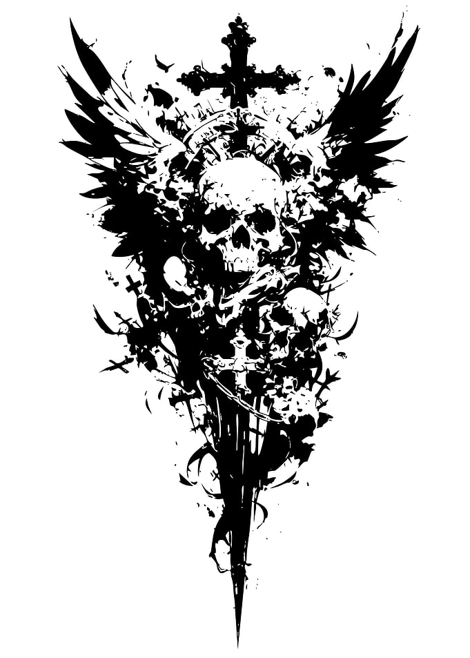 Skull, Sword, and Wings Black Illustration