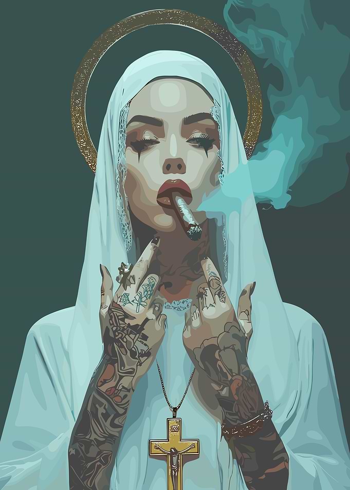 Tattooed woman smoking with halo