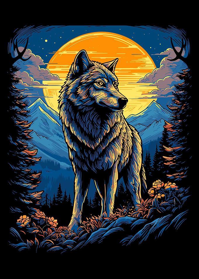 Wolf in Mountain Landscape Illustration
