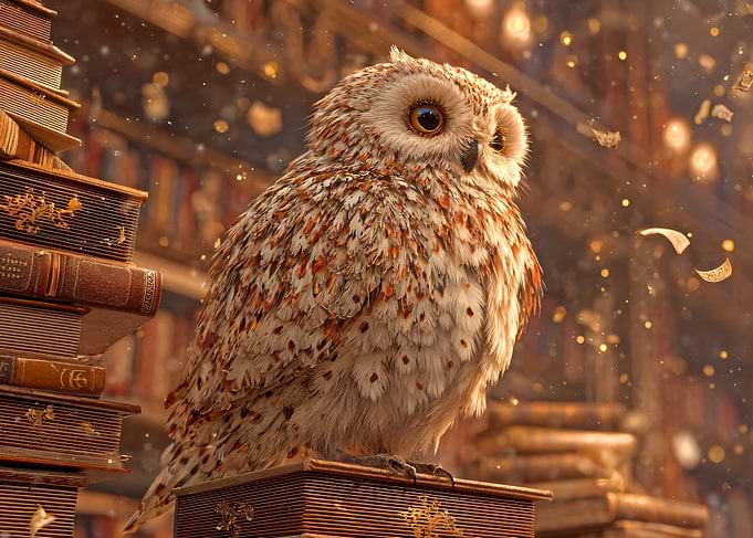 Owl perched on books in library
