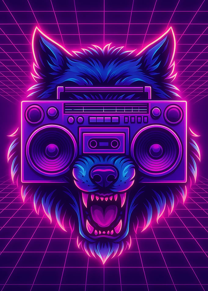Neon Wolf Boombox Retro Art