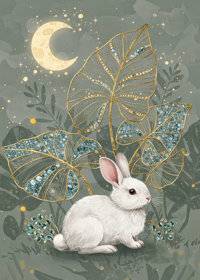 White Rabbit with Moon and Leaves