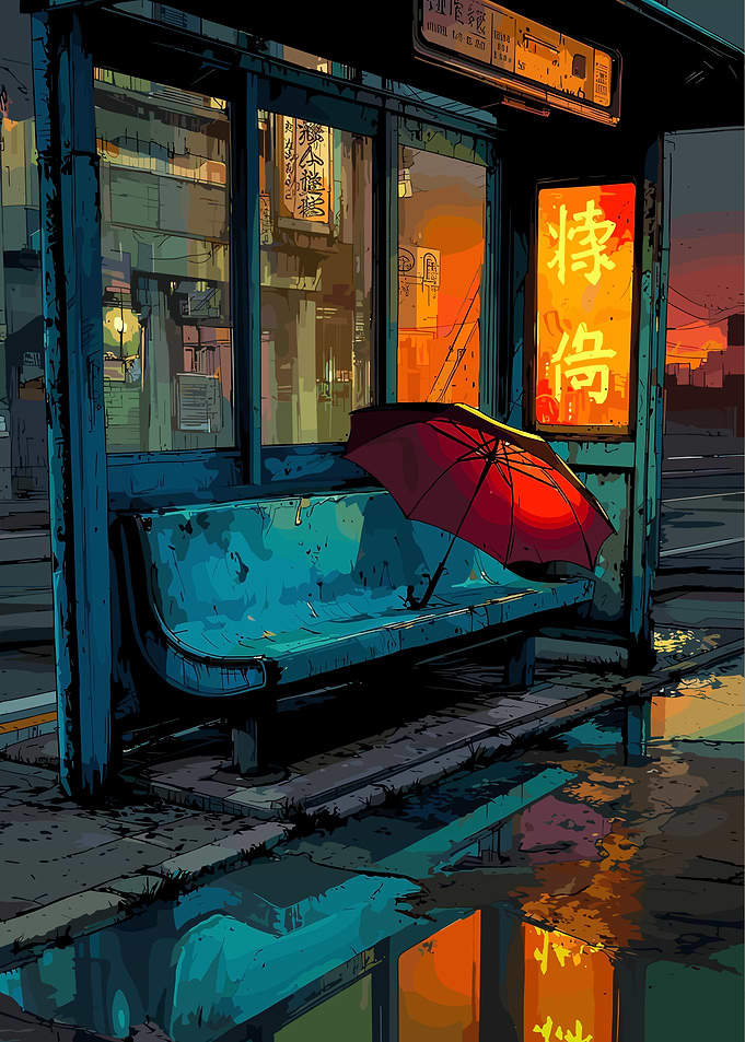 Rainy Bus Stop with Red Umbrella