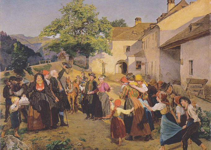 Village Scene with People and Donkey