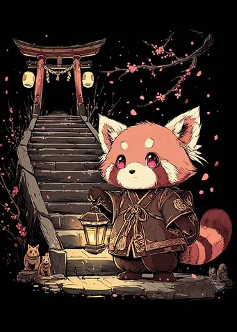 Red Panda with Lantern at Torii Gate