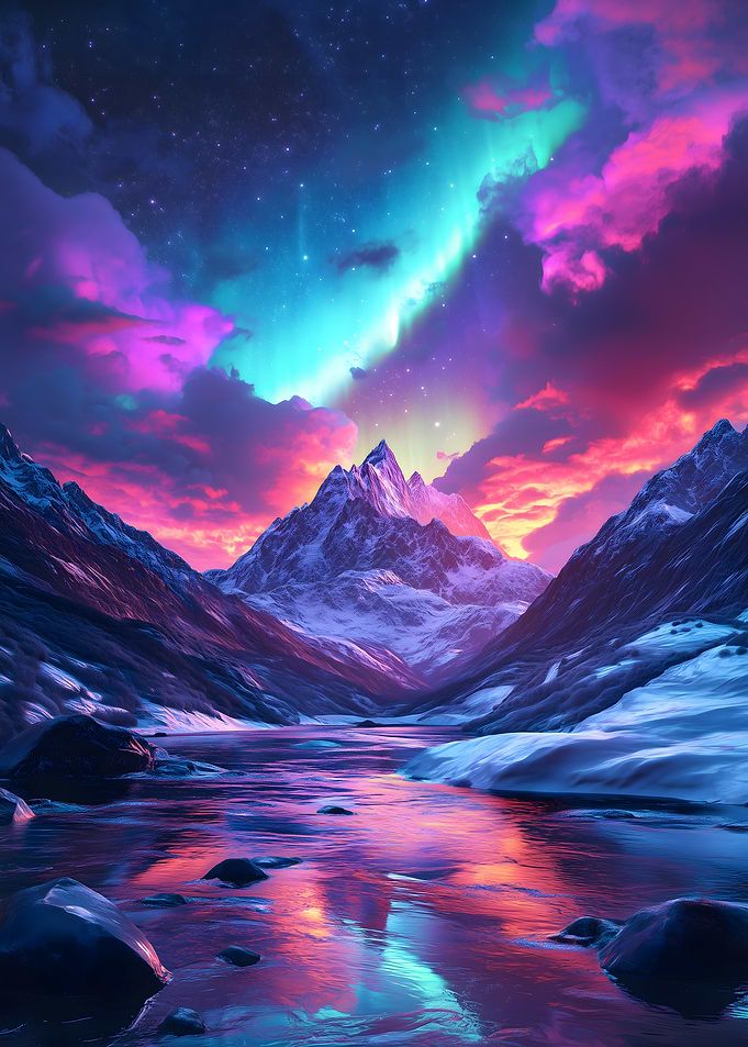 Mountain landscape with aurora borealis