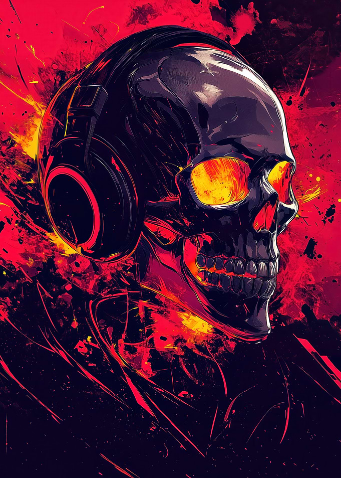 Skull with Headphones - Fiery Abstract