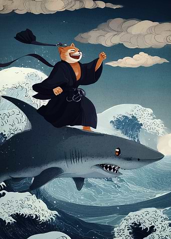 Cat Samurai Riding Shark on Waves