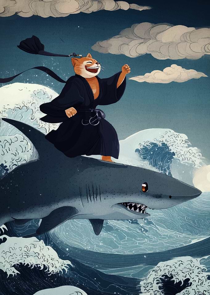 Cat Samurai Riding Shark on Waves