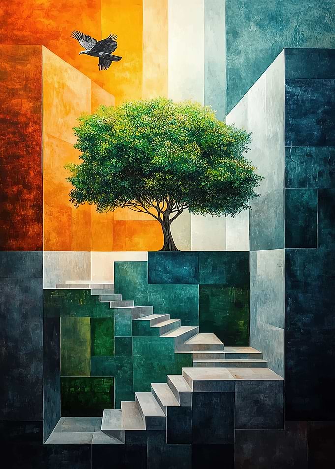 Abstract Tree, Bird, and Staircase Art