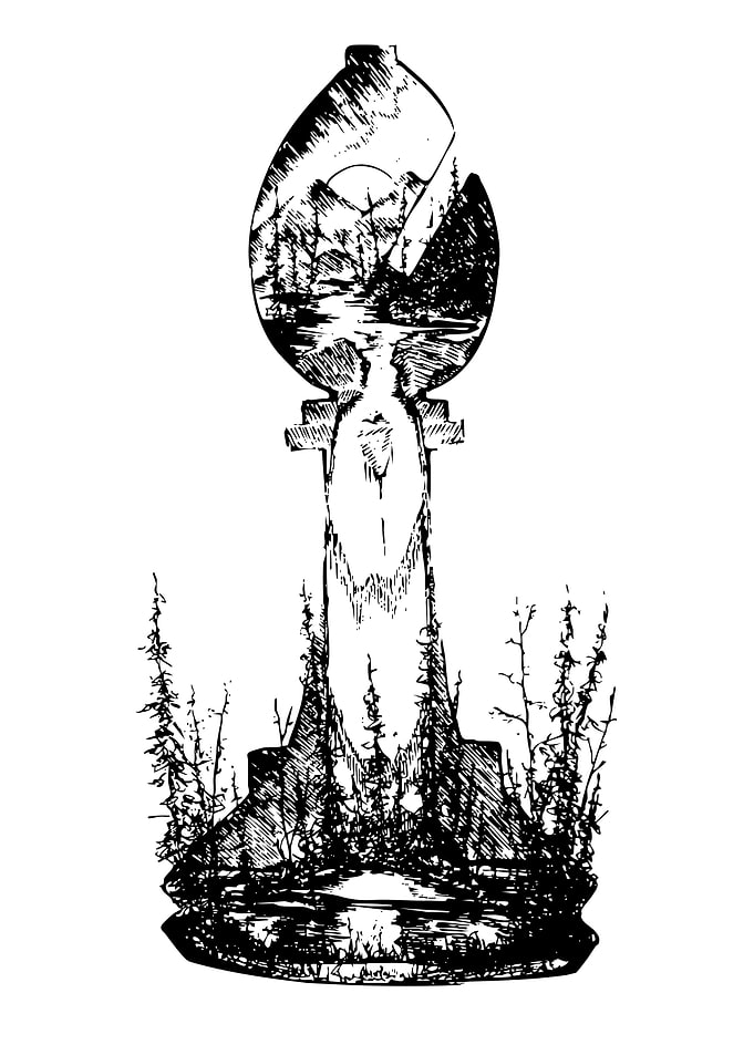 Chess Piece Landscape Ink Drawing