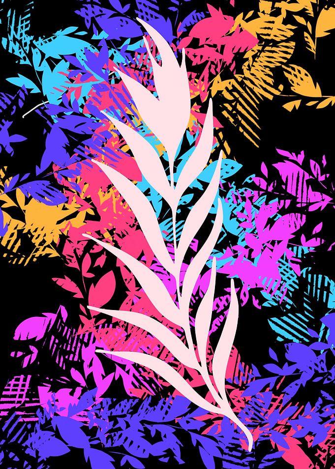 Vibrant Tropical Abstract Leaf Art – Multicolour Pop Design on Black Background