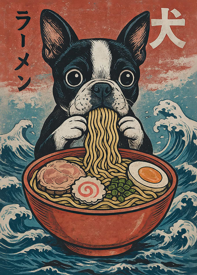 Boston Terrier Eating Ramen