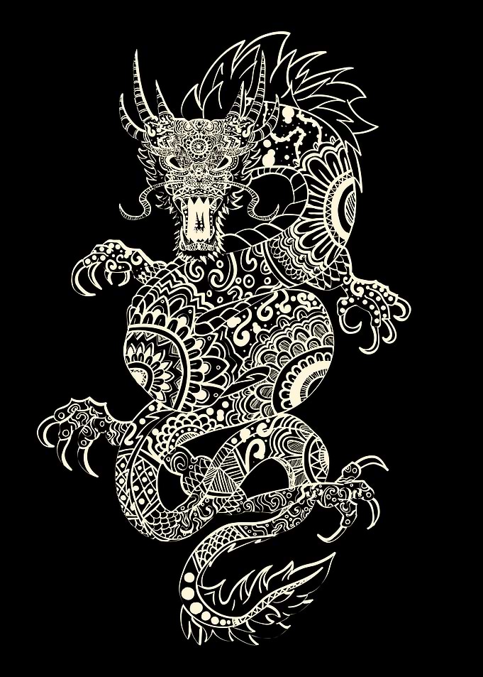 Ornate Dragon Illustration on Black Background