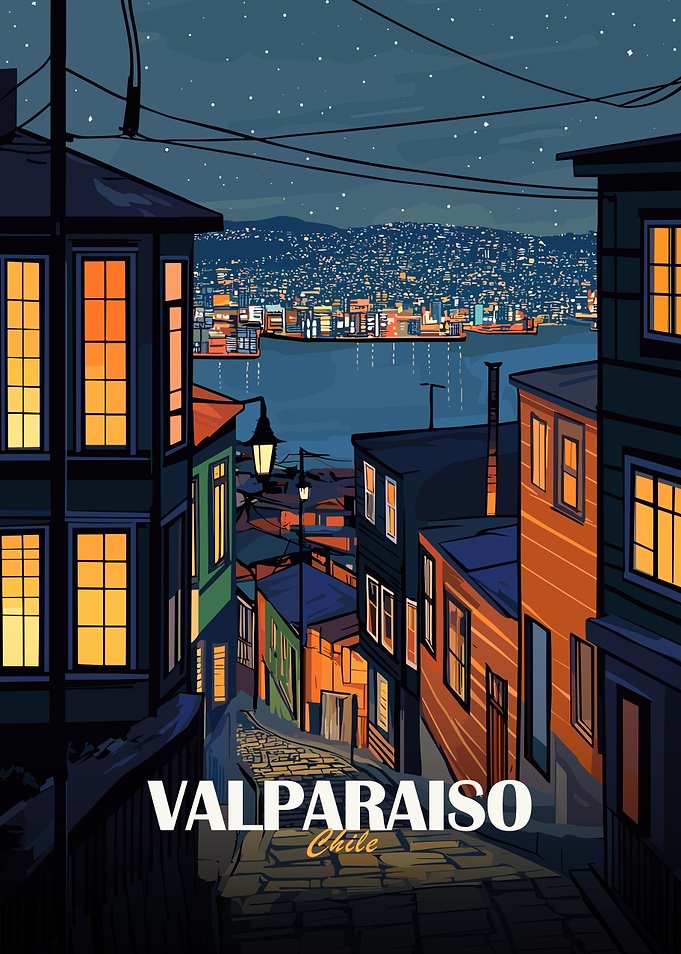 Valparaiso Chile Night Cityscape Art