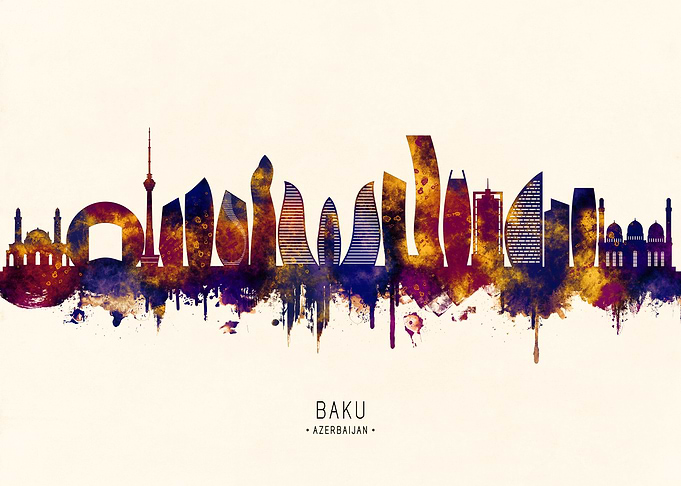 Baku, Azerbaijan Skyline Watercolor