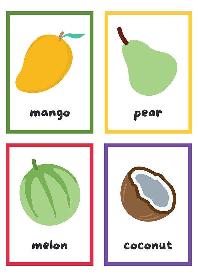 Fruit Flashcards: Mango, Pear, Melon, Coconut