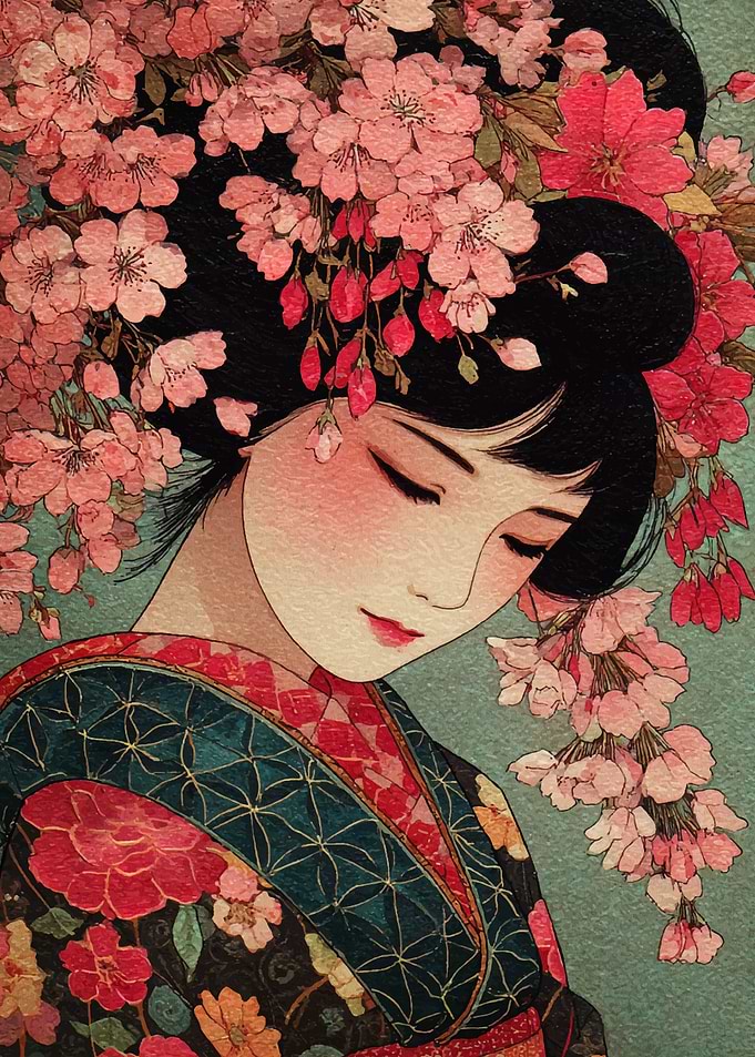 Japanese Woman with Cherry Blossoms