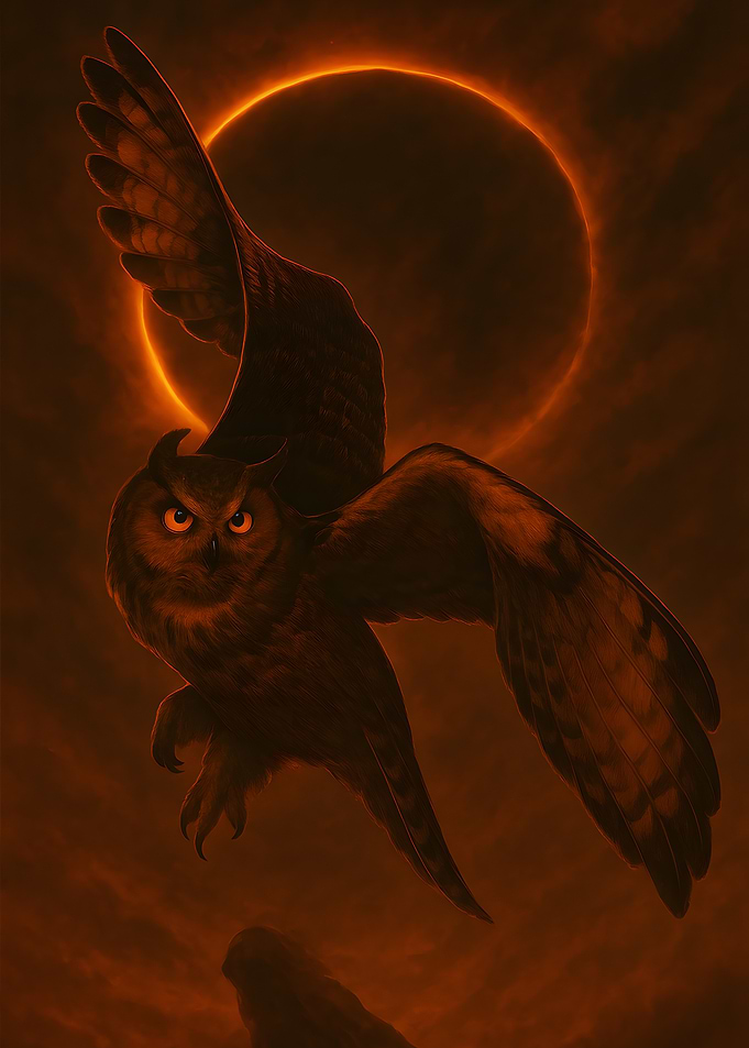 Owl in Flight with Solar Eclipse