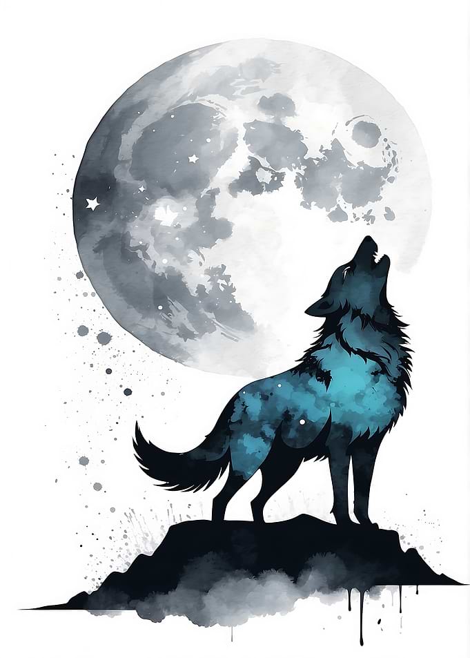 Watercolor Wolf Howling at the Moon
