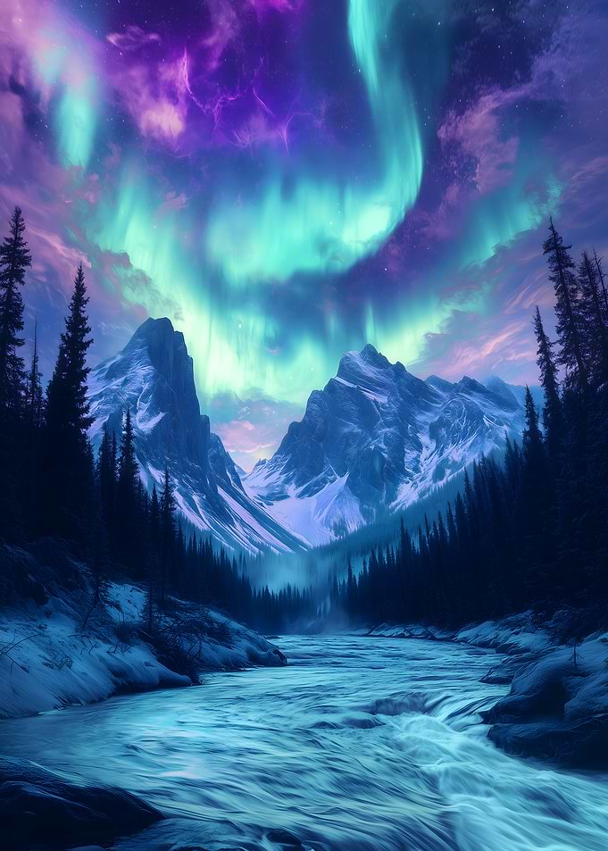 Aurora Borealis over Mountain River
