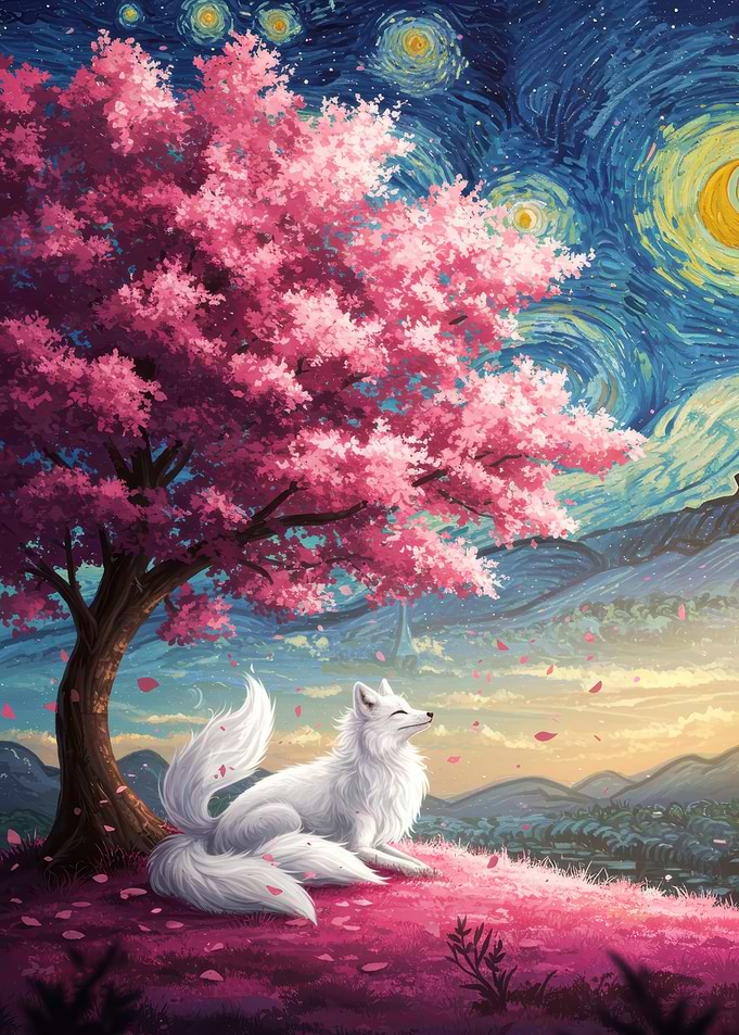 Fox under Cherry Blossom Tree Painting