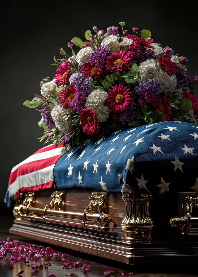 American Flag Casket with Floral Arrangement