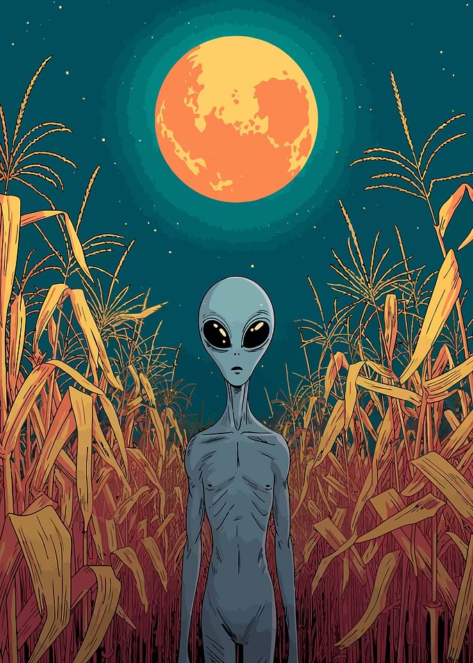 Alien in Cornfield Under Full Moon