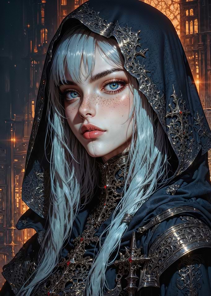 Mysterious Silver-Haired Enchantress in a Gilded Hooded Robe