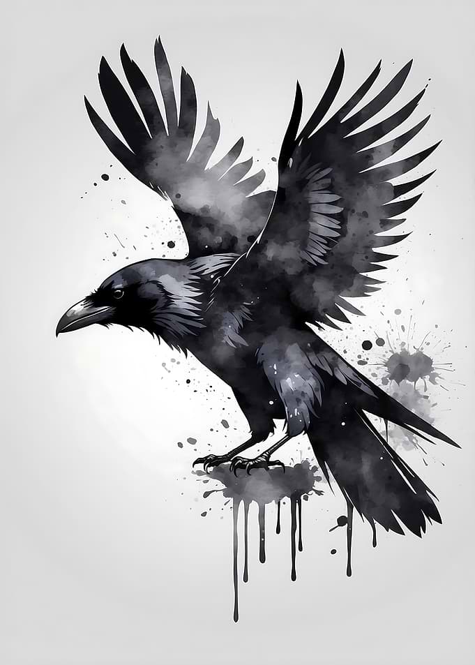 Watercolor Raven with Spread Wings