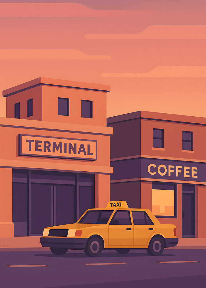 Cityscape with Taxi, Terminal, and Coffee