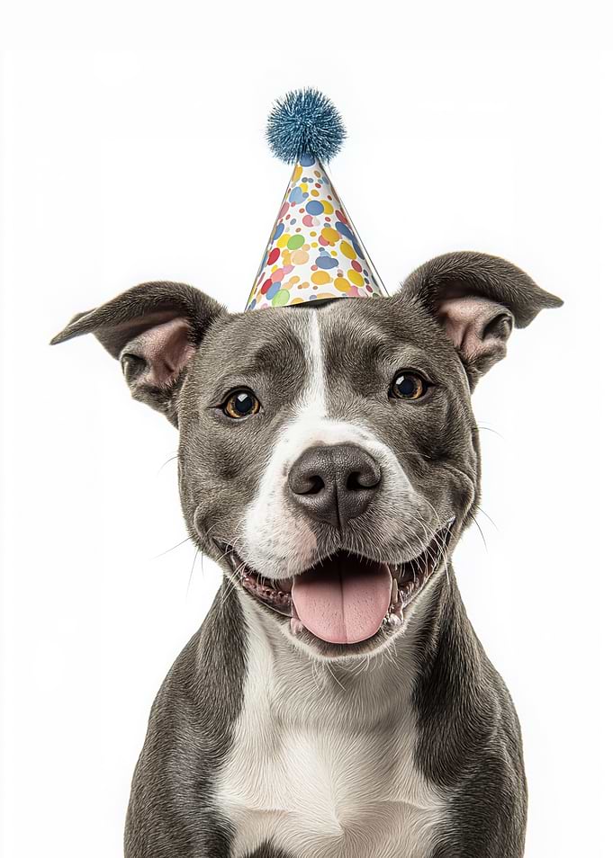 Happy American Staffordshire Terrier Dog with Birthday Hat