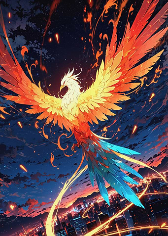 Phoenix Rising Over Cityscape
