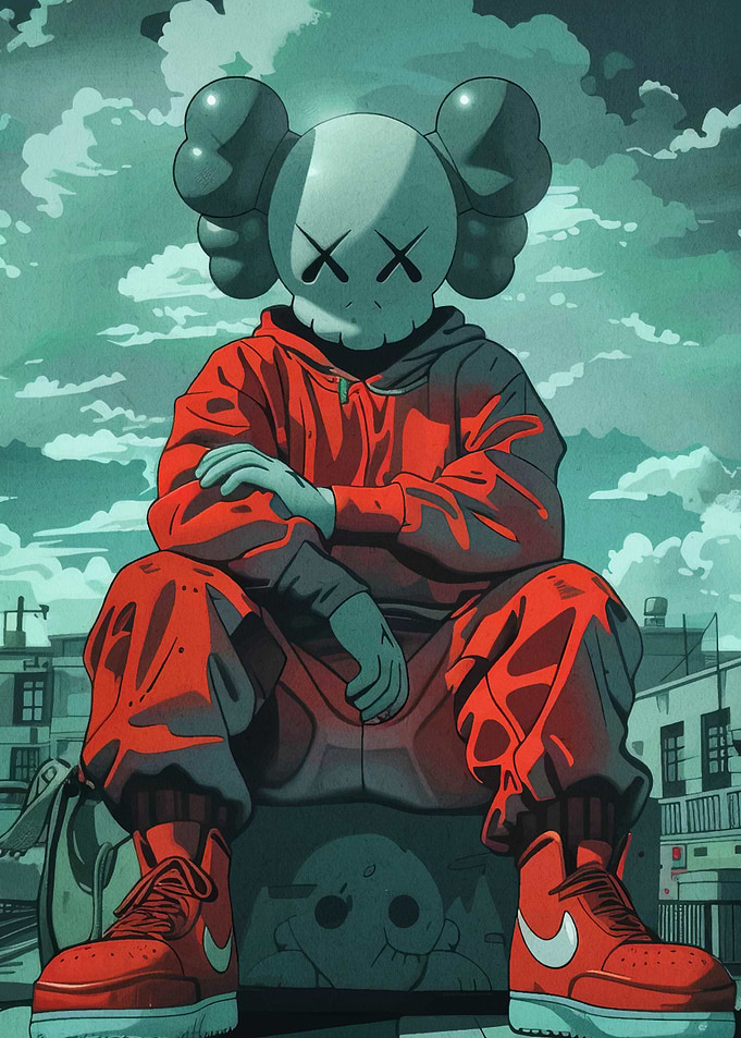 KAWS-inspired character in red hoodie
