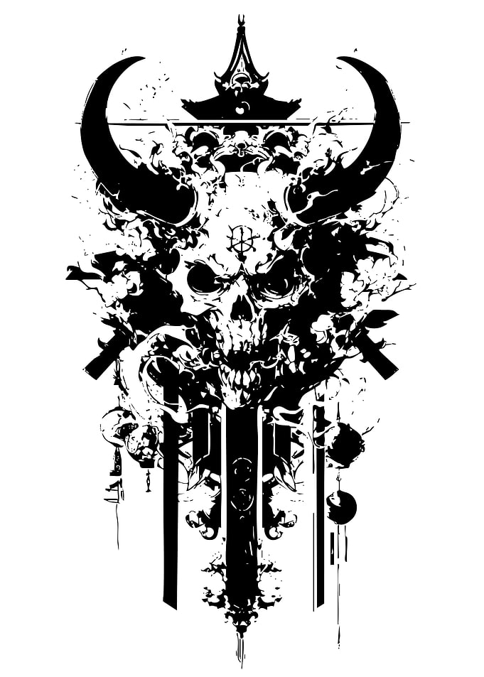 Skull with Horns and Swords Illustration