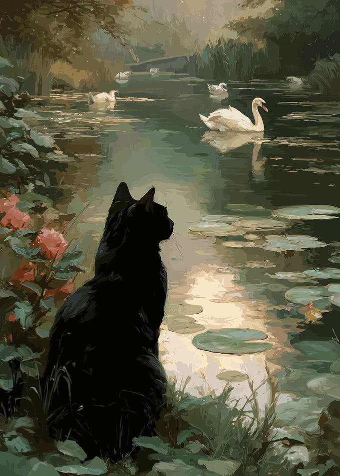 Black Cat and Swans by the Lake