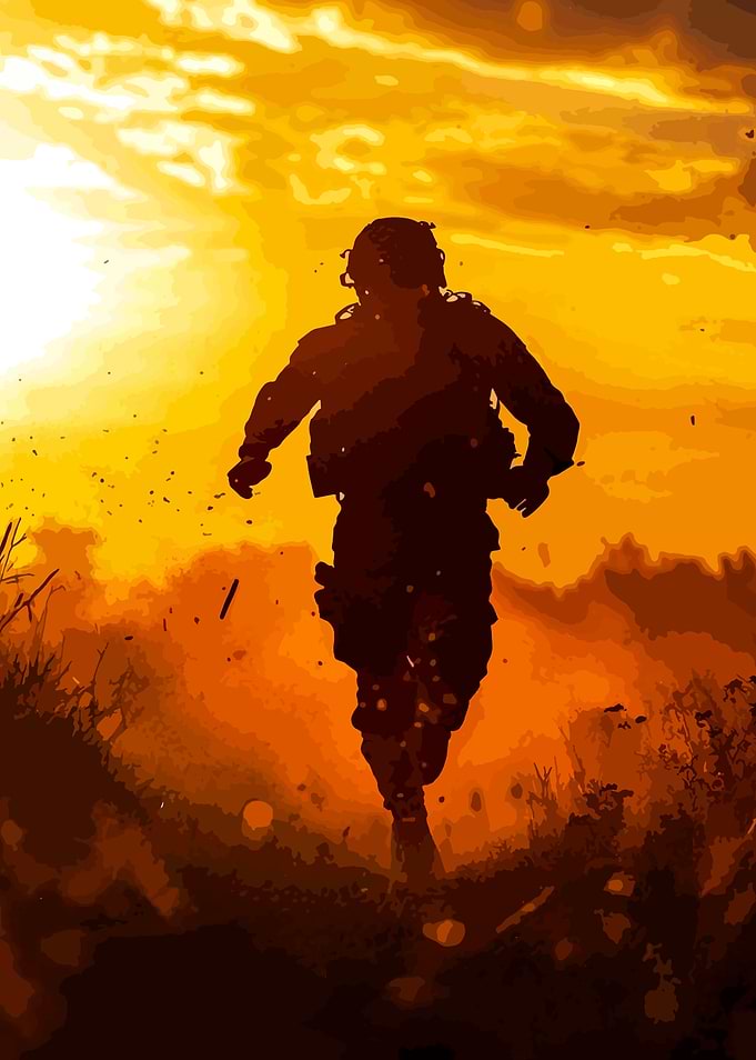 Silhouette of Soldier Running in Fiery Landscape