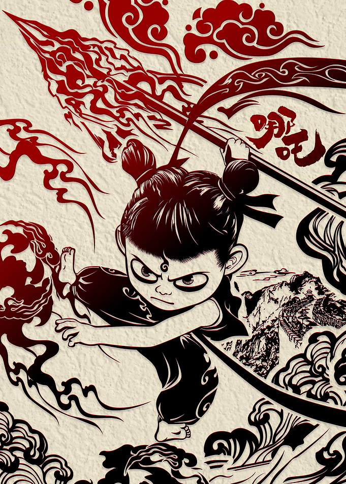 Nezha illustration in red and black