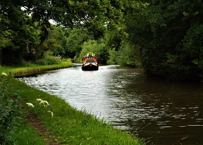 Canal boat on a tree-lined waterway
